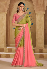 Thumbnail for Monjolika Fashion Embroidered Faux Georgette Parrot Green & Pink Saree - Distacart