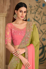 Thumbnail for Monjolika Fashion Embroidered Faux Georgette Parrot Green & Pink Saree - Distacart