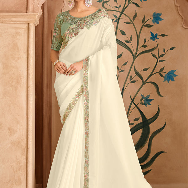 Monjolika Fashion Embroidered Faux Chiffon Satin Off White Saree - Distacart