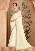Thumbnail for Monjolika Fashion Embroidered Faux Chiffon Satin Off White Saree - Distacart
