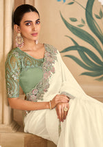 Thumbnail for Monjolika Fashion Embroidered Faux Chiffon Satin Off White Saree - Distacart