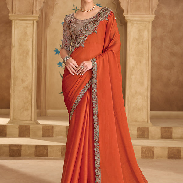Monjolika Fashion Embroidered Faux Chiffon Satin Orange Saree - Distacart