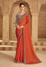 Thumbnail for Monjolika Fashion Embroidered Faux Chiffon Satin Orange Saree - Distacart