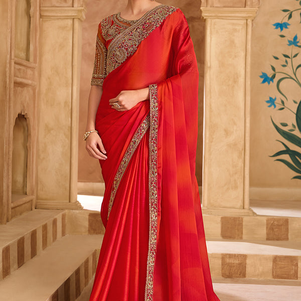 Monjolika Fashion Embroidered Faux Chiffon Shaded Red Saree - Distacart