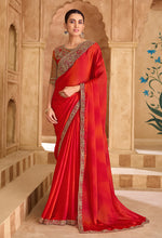 Thumbnail for Monjolika Fashion Embroidered Faux Chiffon Shaded Red Saree - Distacart