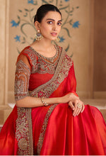 Thumbnail for Monjolika Fashion Embroidered Faux Chiffon Shaded Red Saree - Distacart