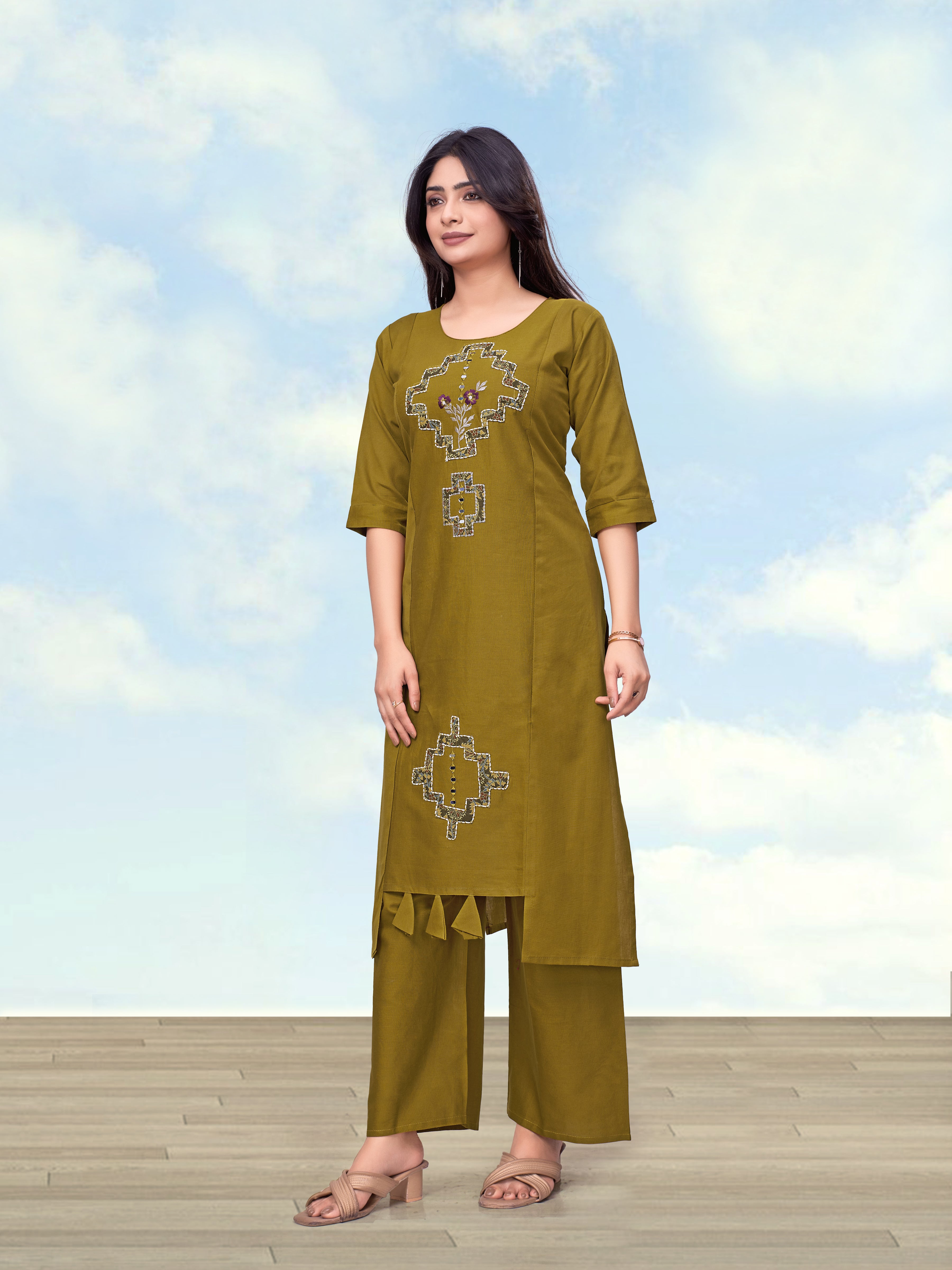Monjolika Fashion Olive Green Cotton Flex Casual Regular Fit Kurti With Pant - Dista