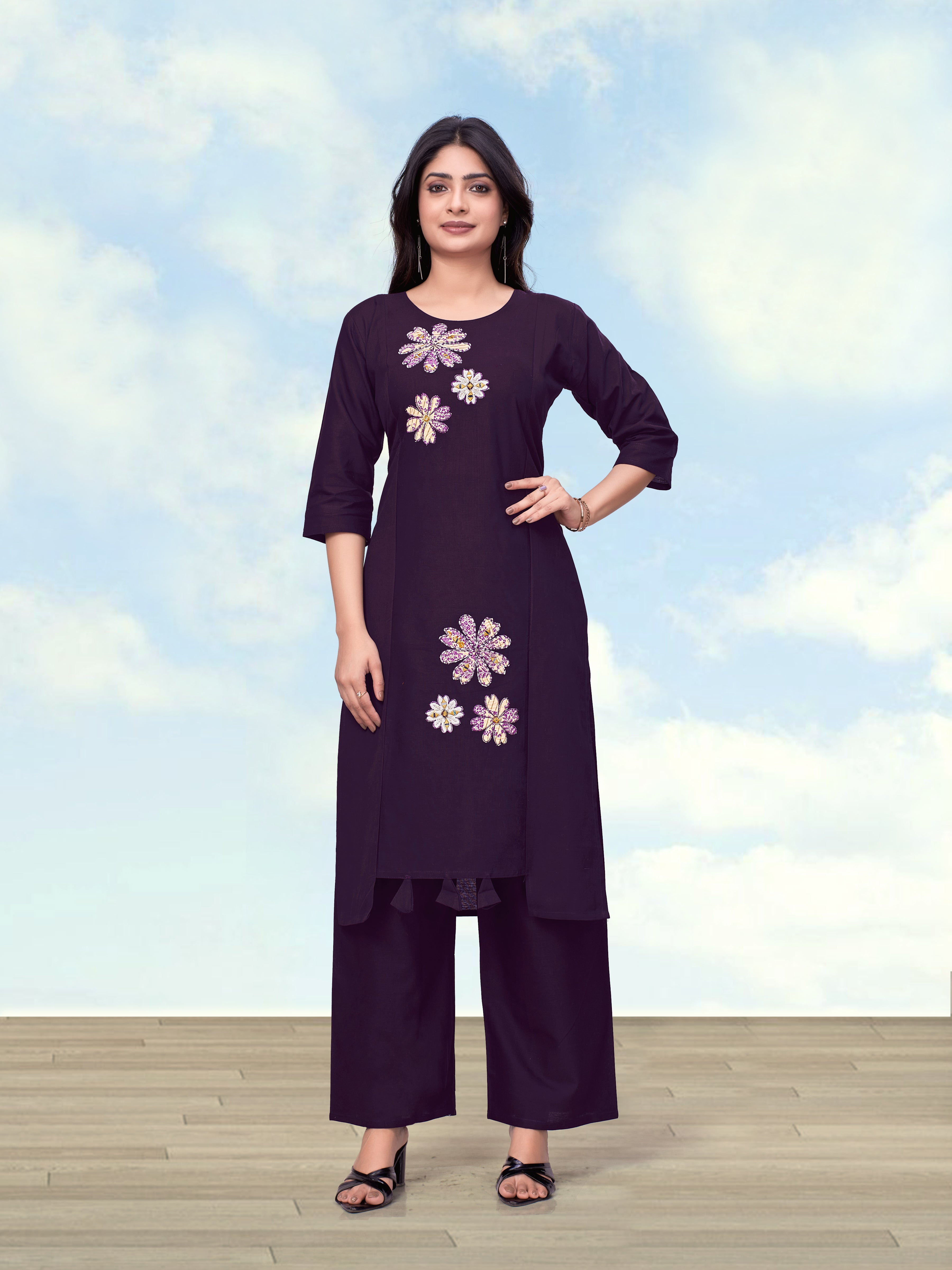 Monjolika Fashion Dark Purple Cotton Flex Embroidered Work Kurta Pant - Dista