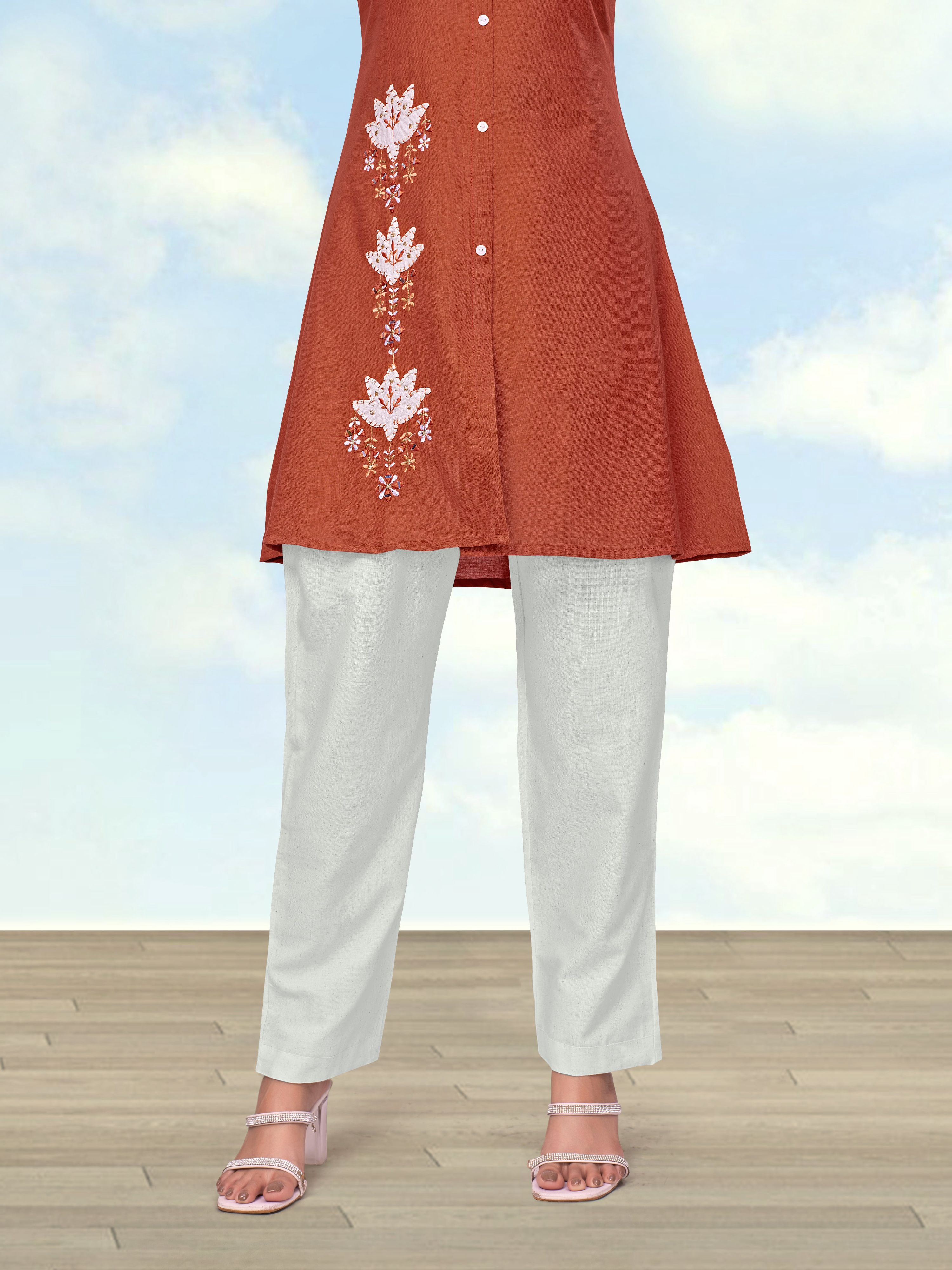 Monjolika Fashion Rust Color Cotton Flex Embroidered Work Kurta Set - Dista