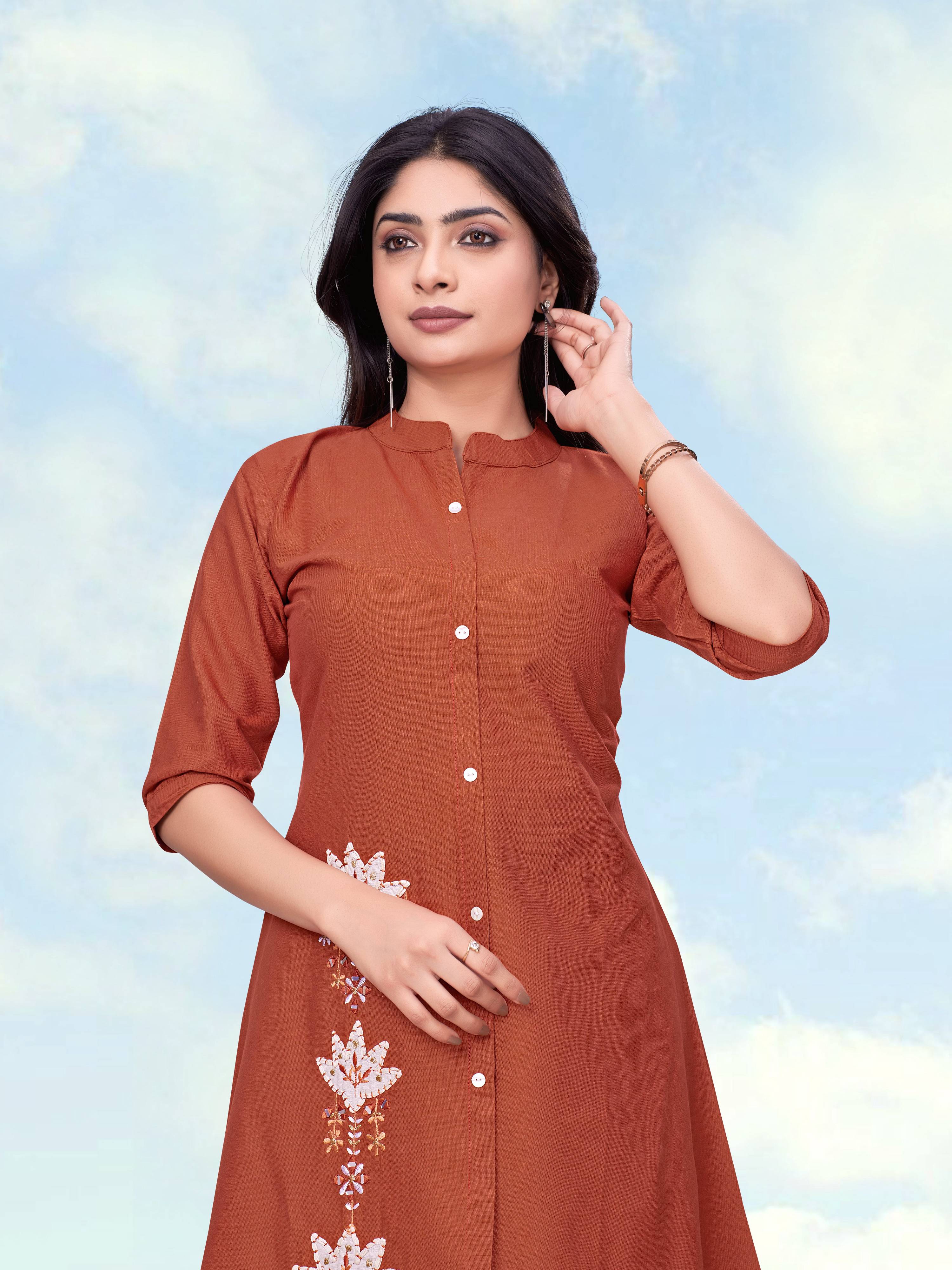 Monjolika Fashion Rust Color Cotton Flex Embroidered Work Kurta Set - Dista