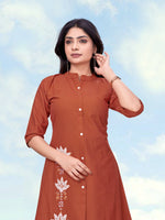 Thumbnail for Monjolika Fashion Rust Color Cotton Flex Embroidered Work Kurta Set - Dista