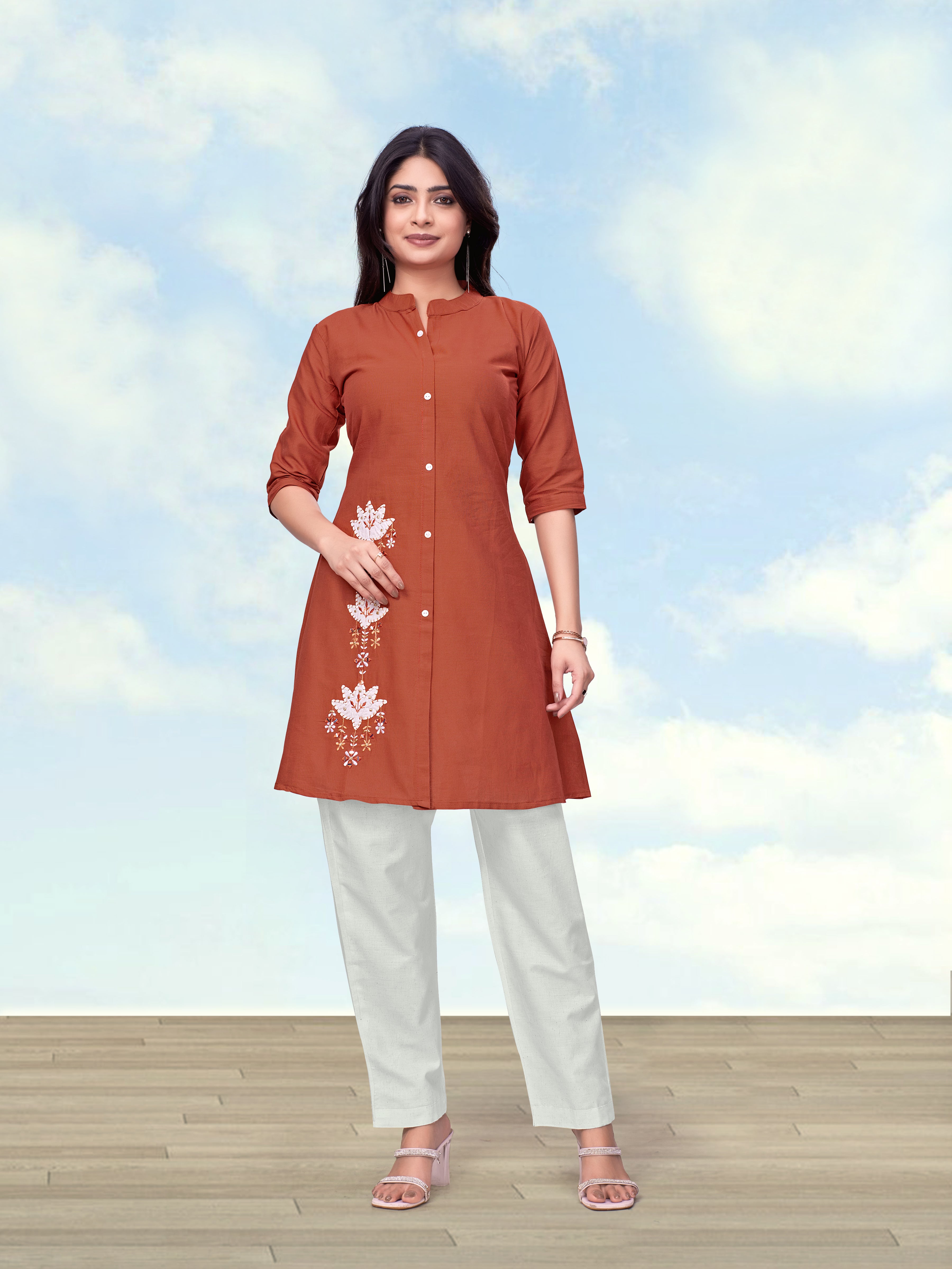 Monjolika Fashion Rust Color Cotton Flex Embroidered Work Kurta Set - Dista