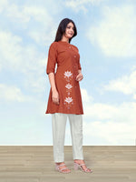 Thumbnail for Monjolika Fashion Rust Color Cotton Flex Embroidered Work Kurta Set - Dista