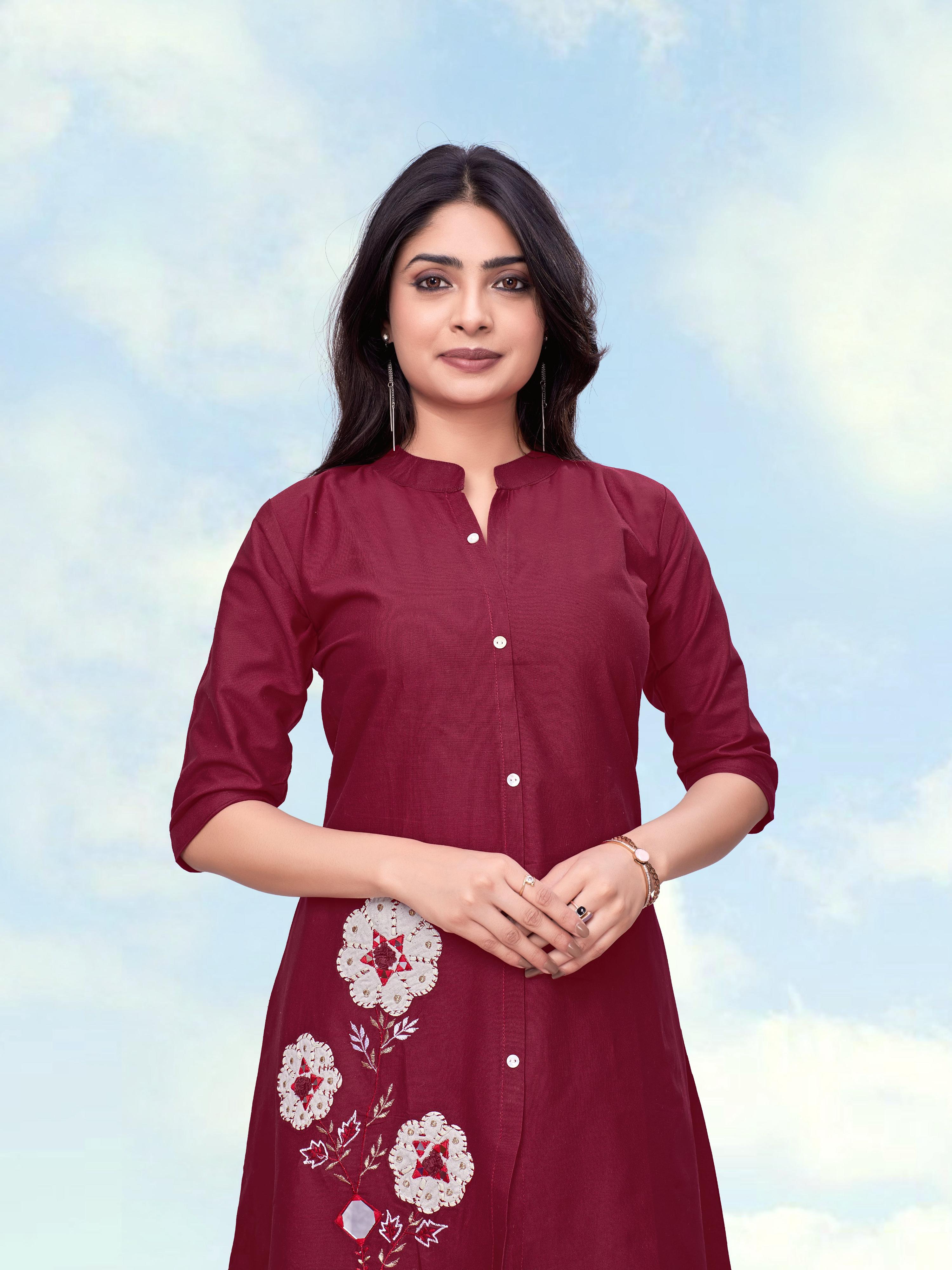 Monjolika Fashion Maroon Color Cotton Flex Embroidered Work Kurta Set - Dista