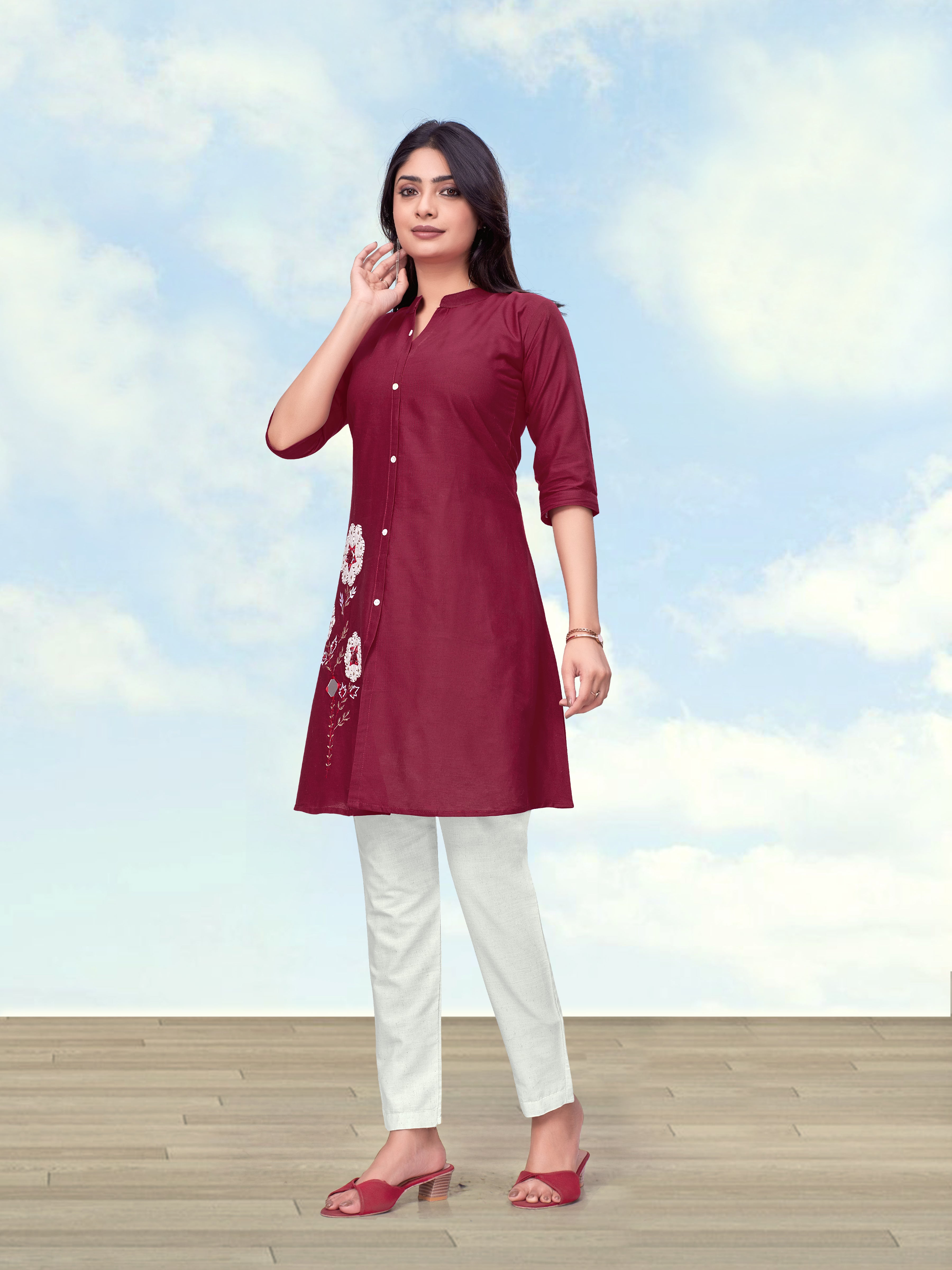Monjolika Fashion Maroon Color Cotton Flex Embroidered Work Kurta Set - Dista