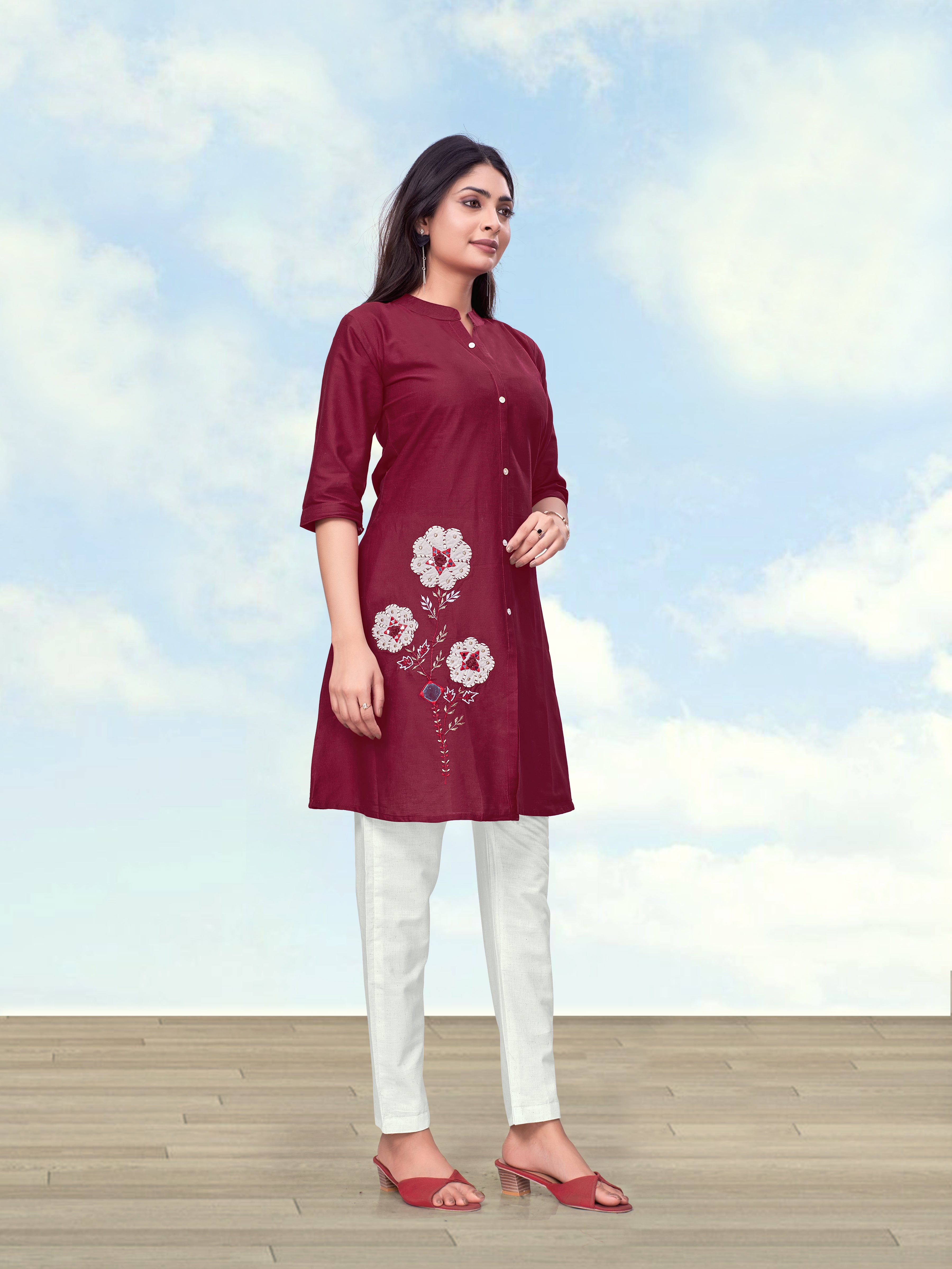 Monjolika Fashion Maroon Color Cotton Flex Embroidered Work Kurta Set - Dista