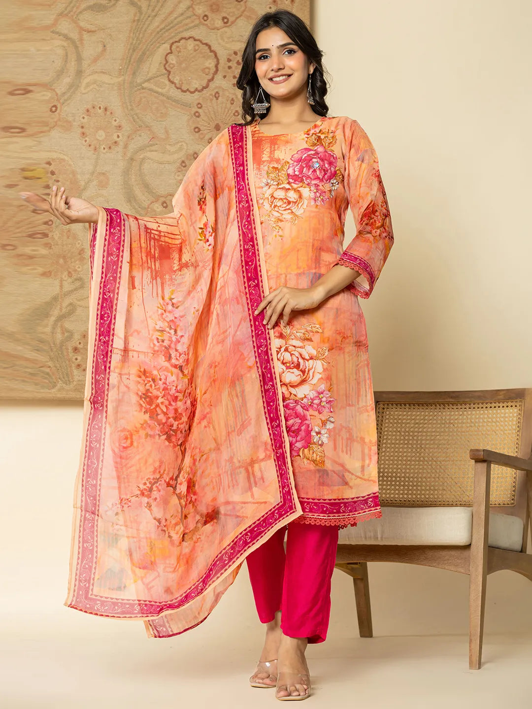 Yufta Pink Floral Embroidered Regular Sequinned Kurta with Trousers & With Dupatta - Distacart