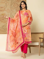 Thumbnail for Yufta Pink Floral Embroidered Regular Sequinned Kurta with Trousers & With Dupatta