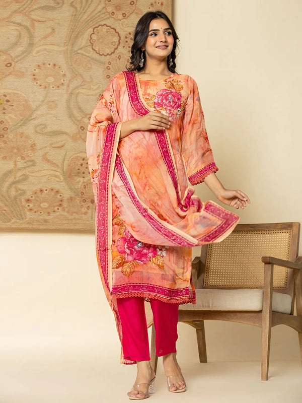 Yufta Pink Floral Embroidered Regular Sequinned Kurta with Trousers & With Dupatta