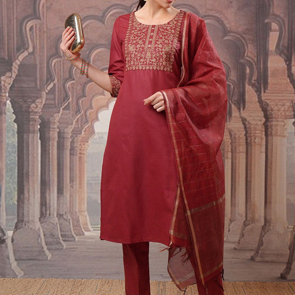 Vishudh Floral Yoke Design Regular Thread Work Kurta with Trousers & With Dupatta - Distacart