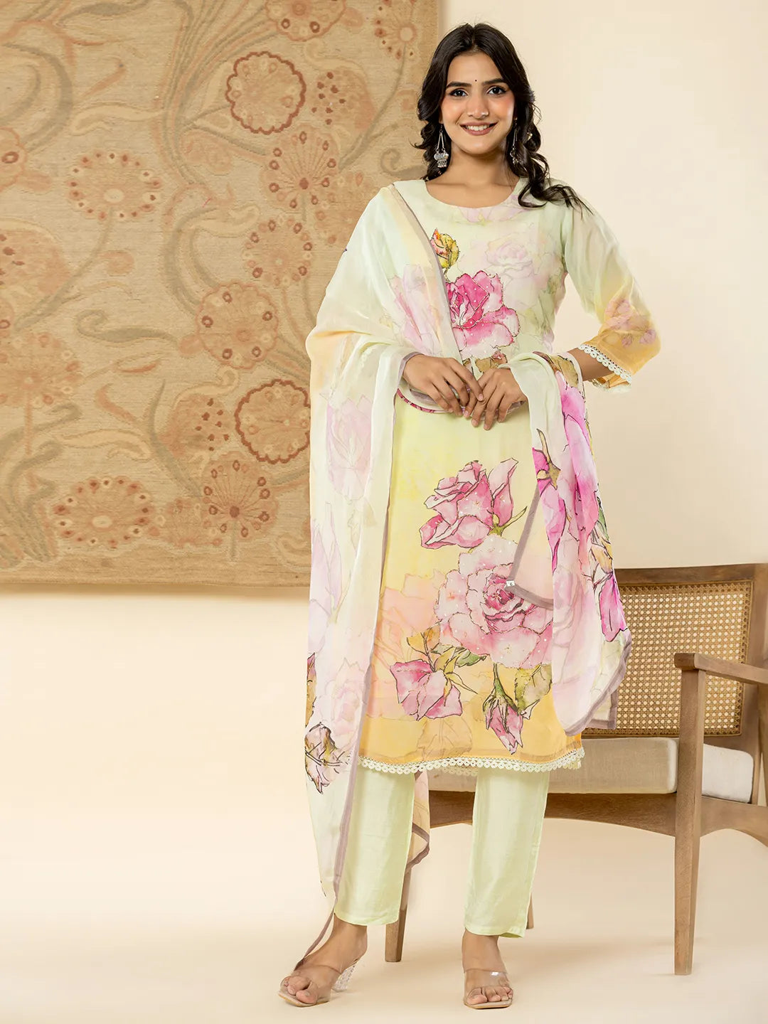 Yufta Pure Oragnza Kurta Set With Pant And Dupatta - Distacart