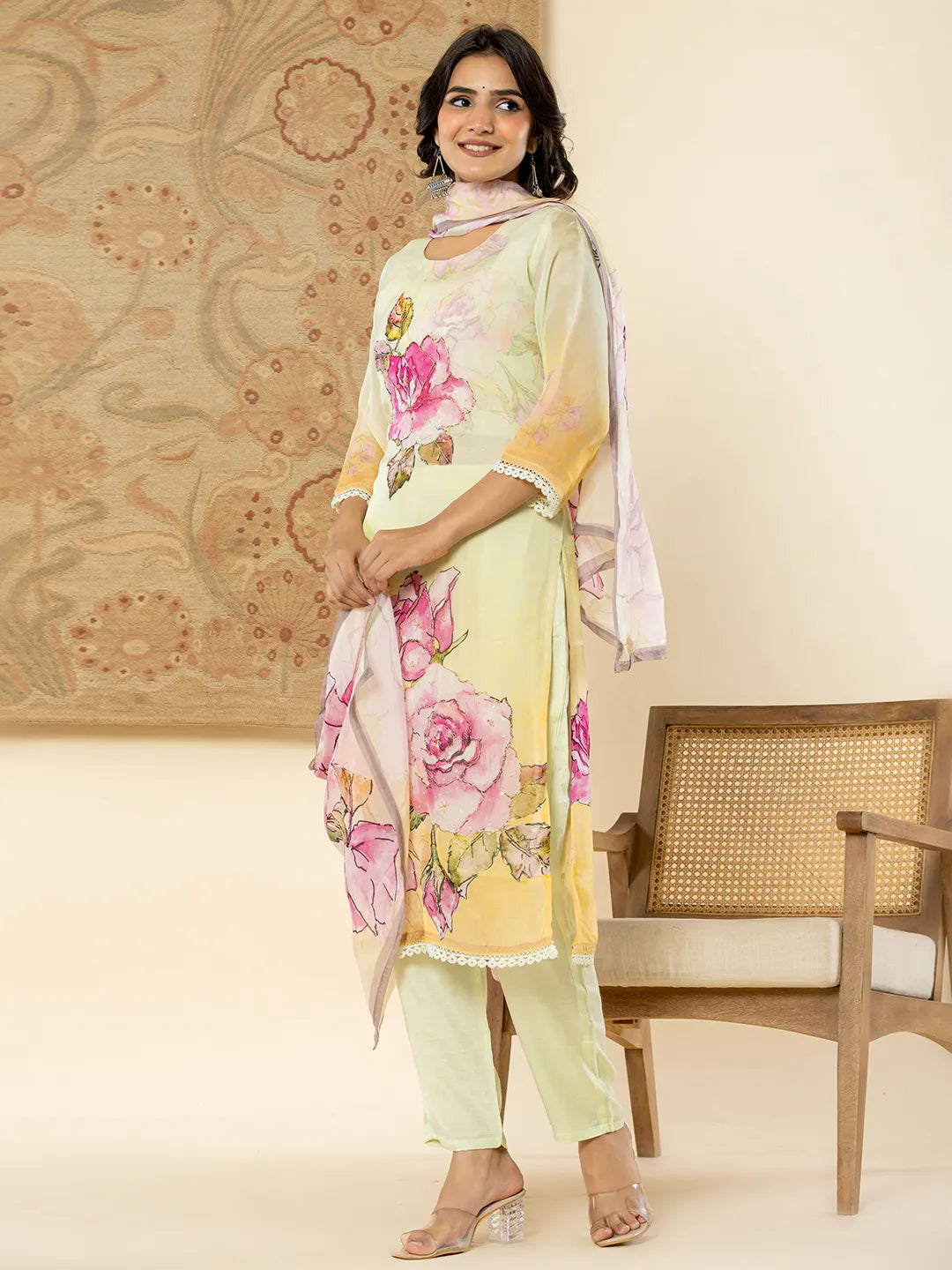 Yufta Pure Oragnza Kurta Set With Pant And Dupatta - Distacart