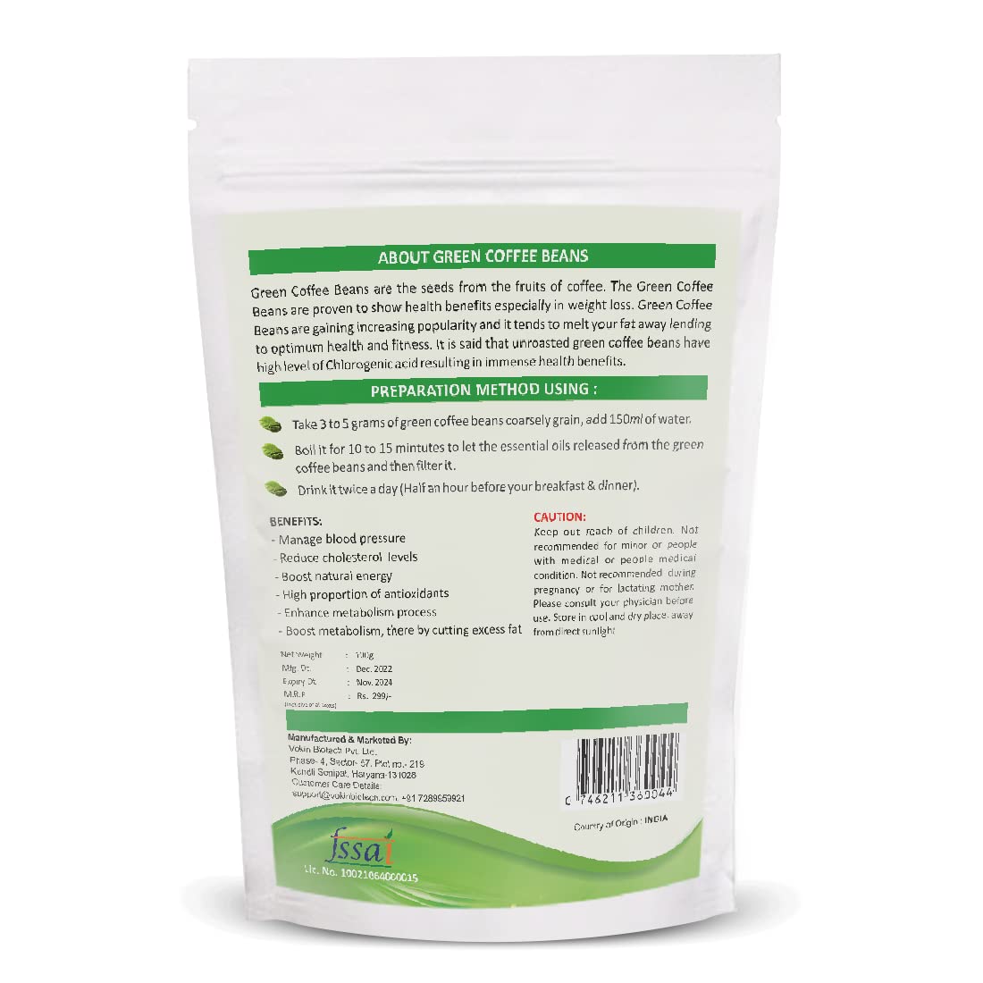 Vokin Biotech Organic Green Coffee Beans Decaffeinated & Unroasted Arabica Coffee100Gm For Weight Management