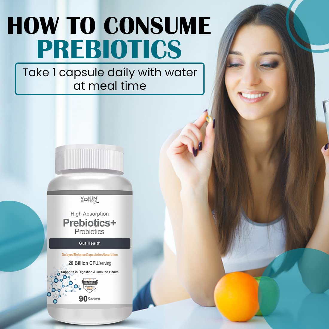 Vokin Biotech Prebiotics + Probiotics 20 Billion Cfu Supplement with Delayed-Release Capsules for Temperature Stable, Digestion and Immune Health (90 capsules)