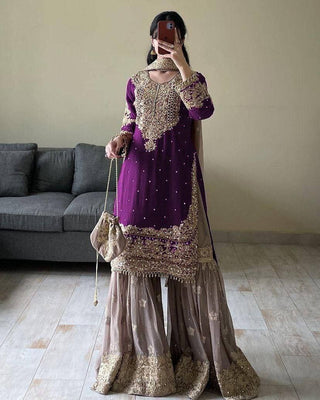 Pramukh Fab Plum Color Faux Georgette Kurta Set
