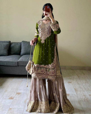 Pramukh Fab Mehendi Green Color Faux Georgette Kurta Set