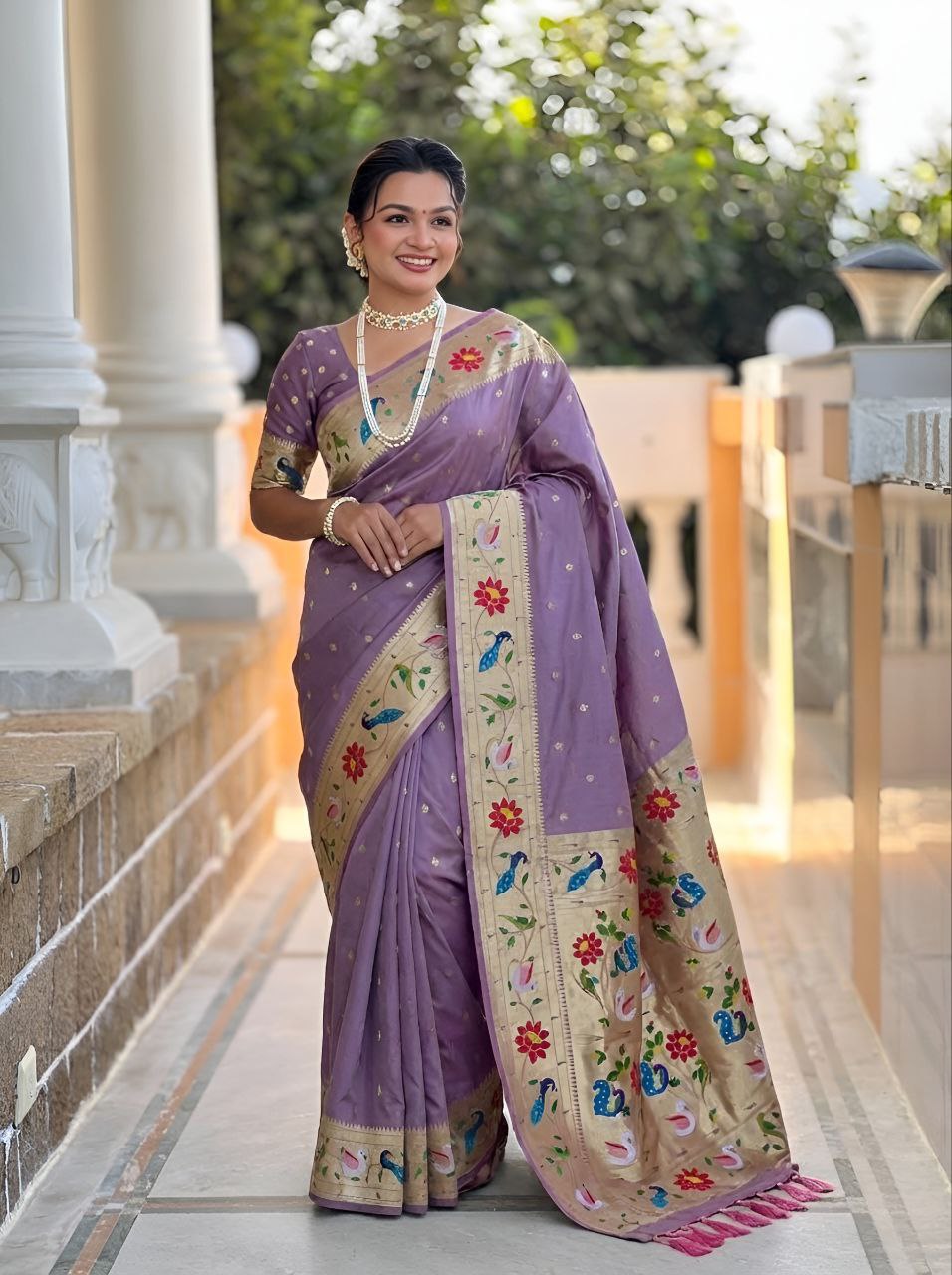 Mameraa Sarees Lavender Faux Banarasi Silk Saree With Paithani Rich Weaved Pallu And Blouse-Lavender - Dista