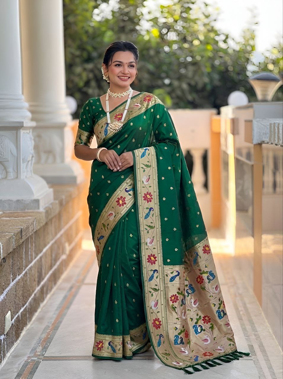 Mameraa Sarees Green Faux Banarasi Silk Saree With Paithani Rich Weaved Pallu And Blouse-Green - Dista