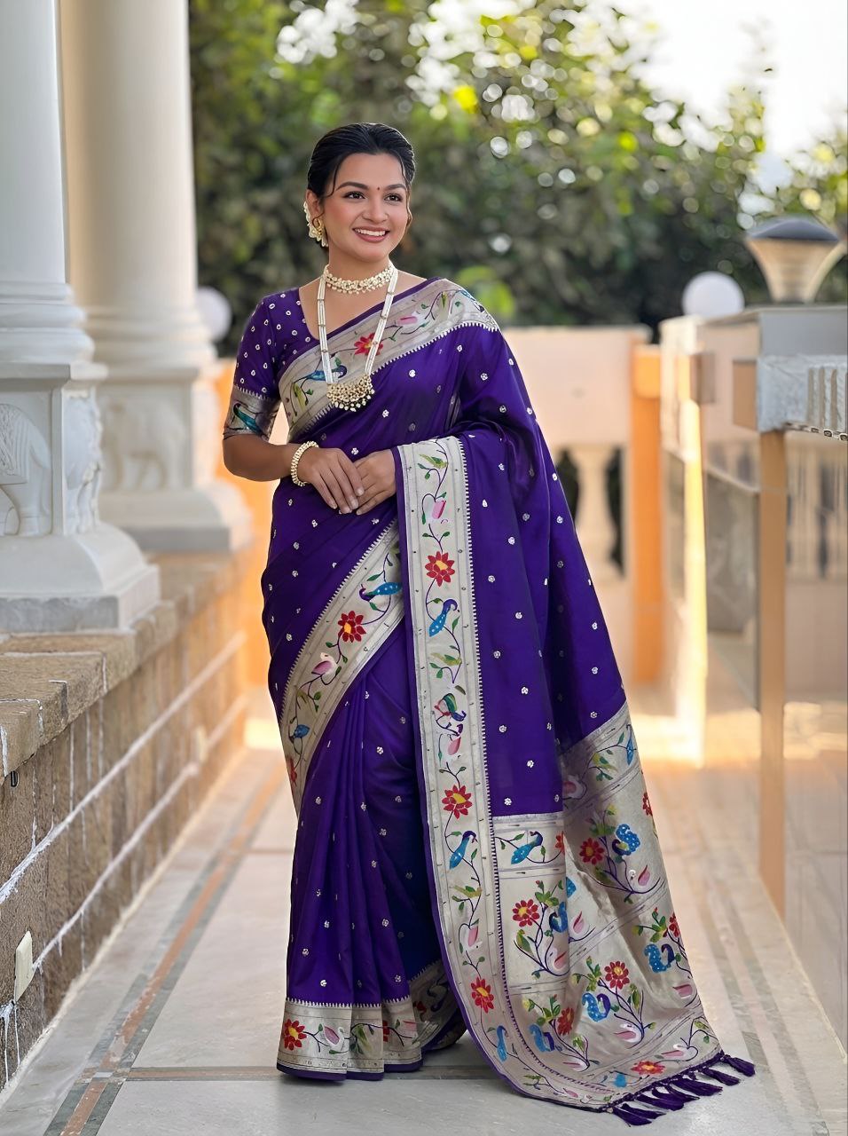 Mameraa Sarees Violet Faux Banarasi Silk Saree With Paithani Rich Weaved Pallu And Blouse-Violet - Dista