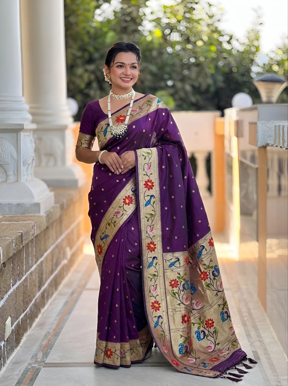 Mameraa Sarees Wine Faux Banarasi Silk Saree With Paithani Rich Weaved Pallu And Blouse-Wine - Dista