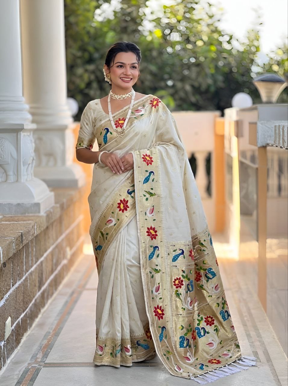 Mameraa Sarees Off White Faux Banarasi Silk Saree With Paithani Rich Weaved Pallu And Blouse-White - Dista