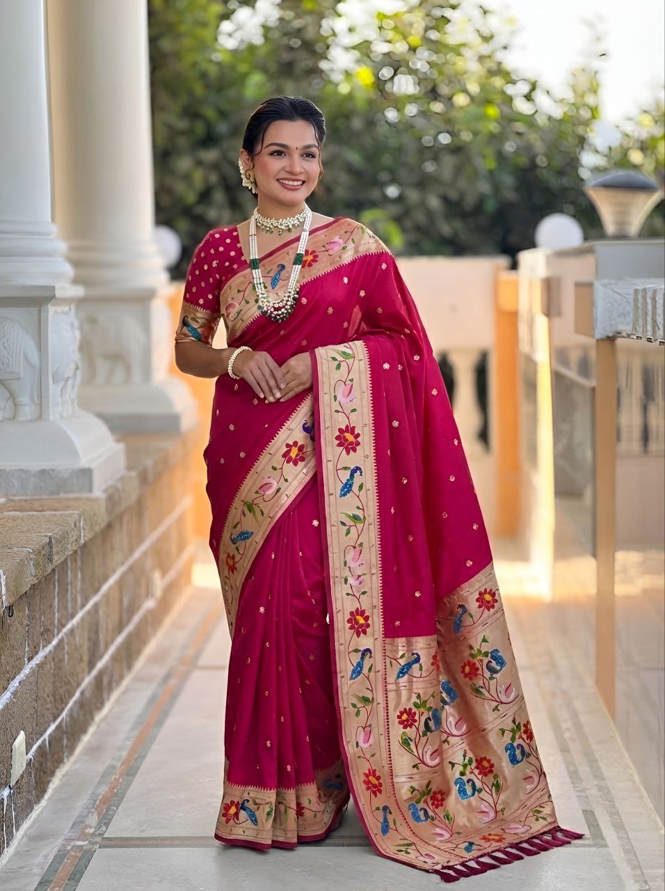 Mameraa Sarees Pink Faux Banarasi Silk Saree With Paithani Rich Weaved Pallu And Blouse-Pink - Dista