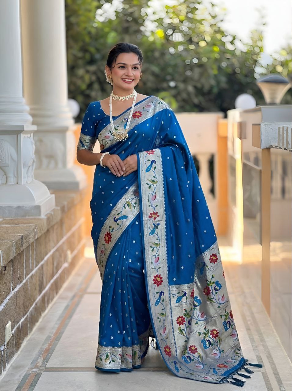 Mameraa Sarees Teal Blue Faux Banarasi Silk Saree With Paithani Rich Weaved Pallu And Blouse-Teal - Dista