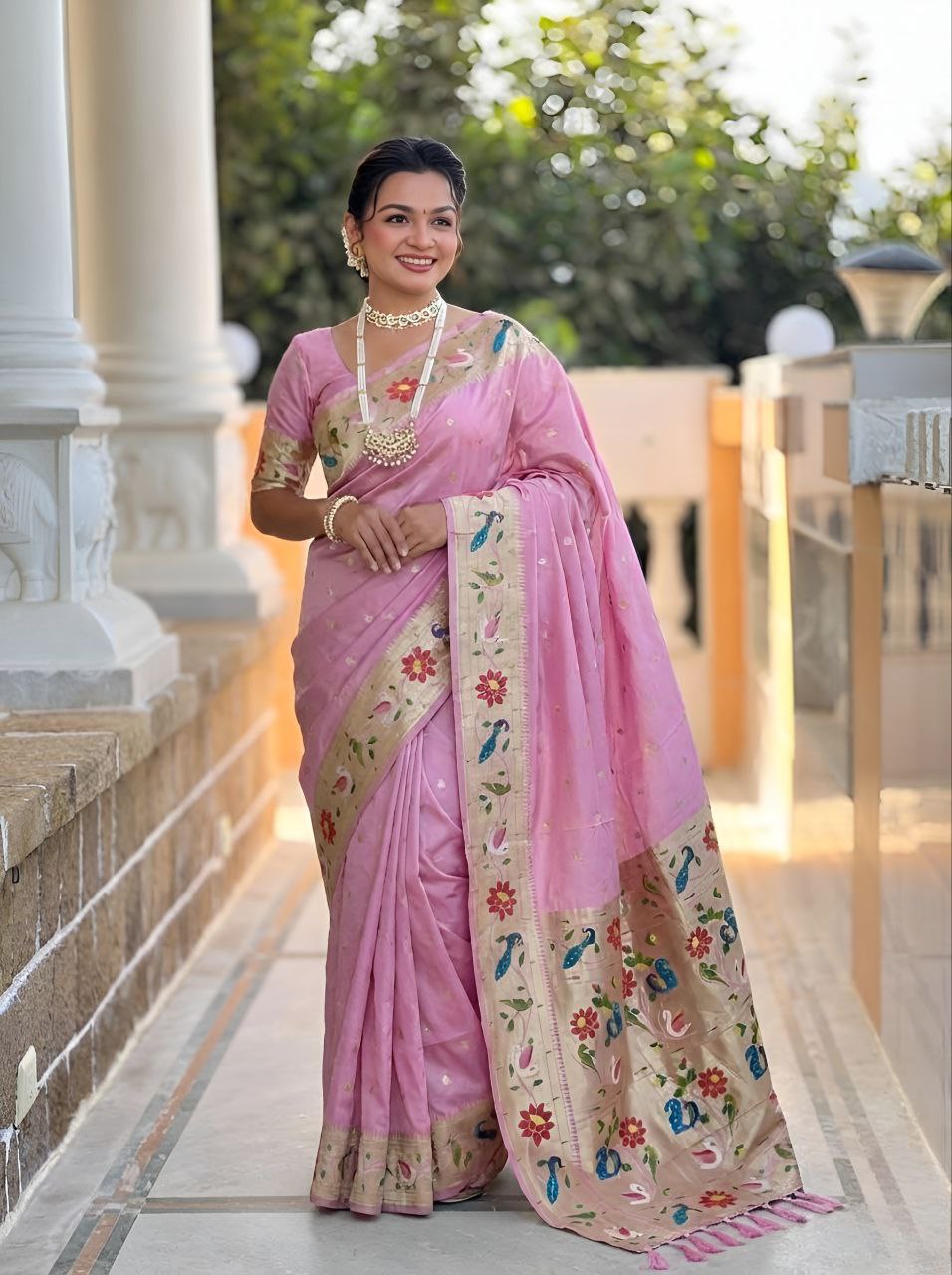 Mameraa Sarees Baby Pink Faux Banarasi Silk Saree With Paithani Rich Weaved Pallu And Blouse-Baby_Pink - Dista
