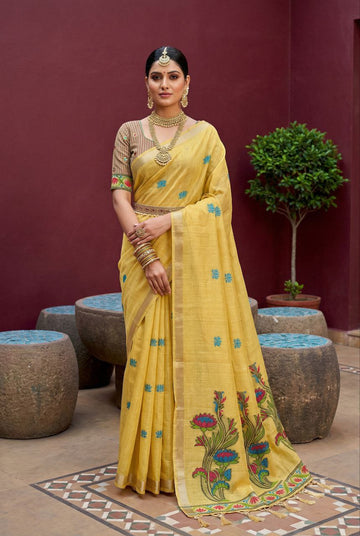 Mameraa Sarees Soft Pure Muga Cotton Saree With Meenakari Weaving Motifs And Contrast Blouse-Yellow - Dista