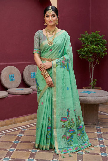 Mameraa Sarees Soft Pure Muga Cotton Saree With Meenakari Weaving Motifs And Contrast Blouse-Green - Dista