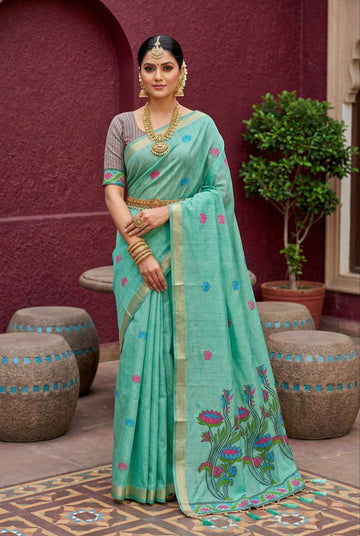 Mameraa Sarees Soft Pure Muga Cotton Saree With Meenakari Weaving Motifs And Contrast Blouse-Sea_Green - Dista