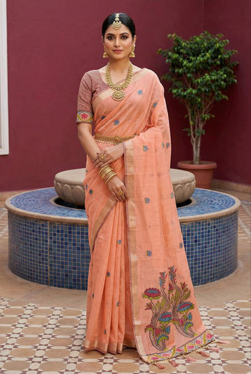 Mameraa Sarees Soft Pure Muga Cotton Saree With Meenakari Weaving Motifs And Contrast Blouse-Peach - Dista