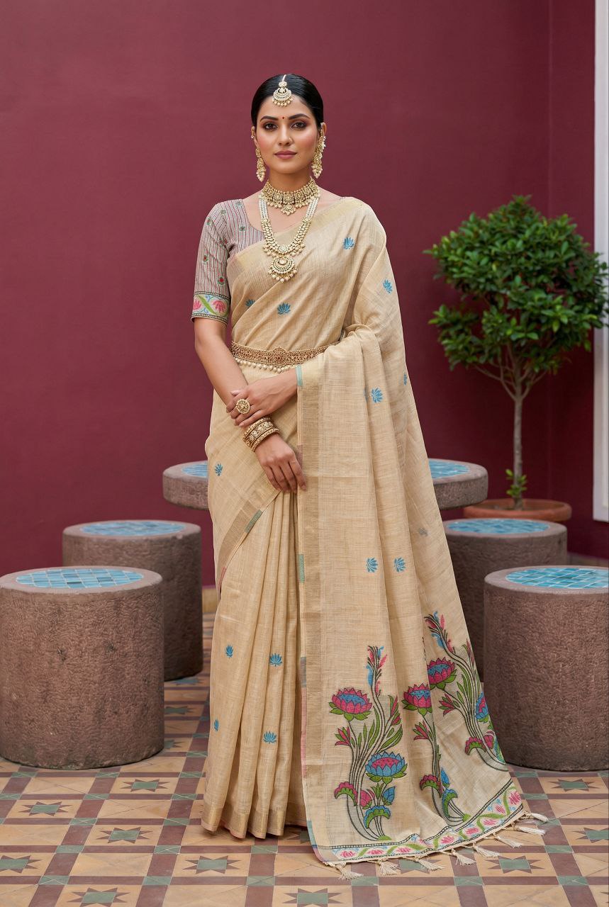 Mameraa Sarees Soft Pure Muga Cotton Saree With Meenakari Weaving Motifs And Contrast Blouse-Cream - Dista