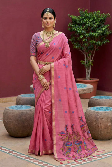 Mameraa Sarees Soft Pure Muga Cotton Saree With Meenakari Weaving Motifs And Contrast Blouse-Pink - Dista