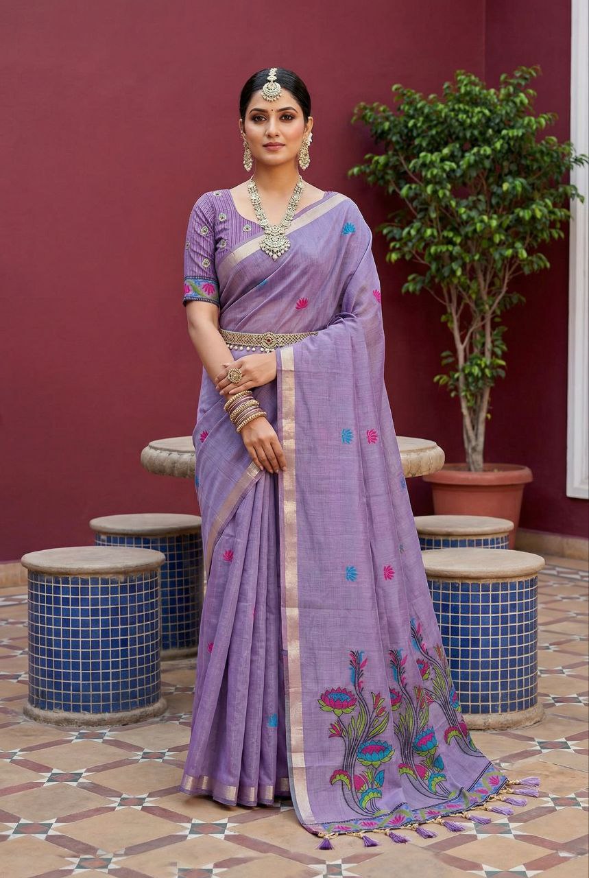 Mameraa Sarees Soft Pure Muga Cotton Saree With Meenakari Weaving Motifs And Contrast Blouse-Lavender - Dista