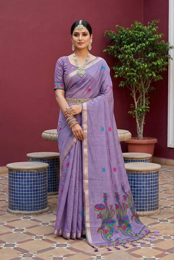 Mameraa Sarees Soft Pure Muga Cotton Saree With Meenakari Weaving Motifs And Contrast Blouse-Lavender - Dista