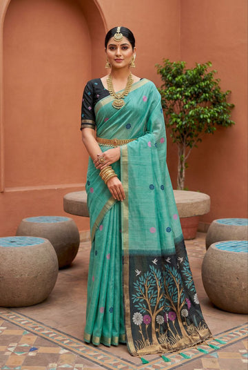 Mameraa Sarees Soft Pure Muga Cotton Saree With Meenakari Weaving Motifs And Contrast Blouse-Sea_Green - Dista
