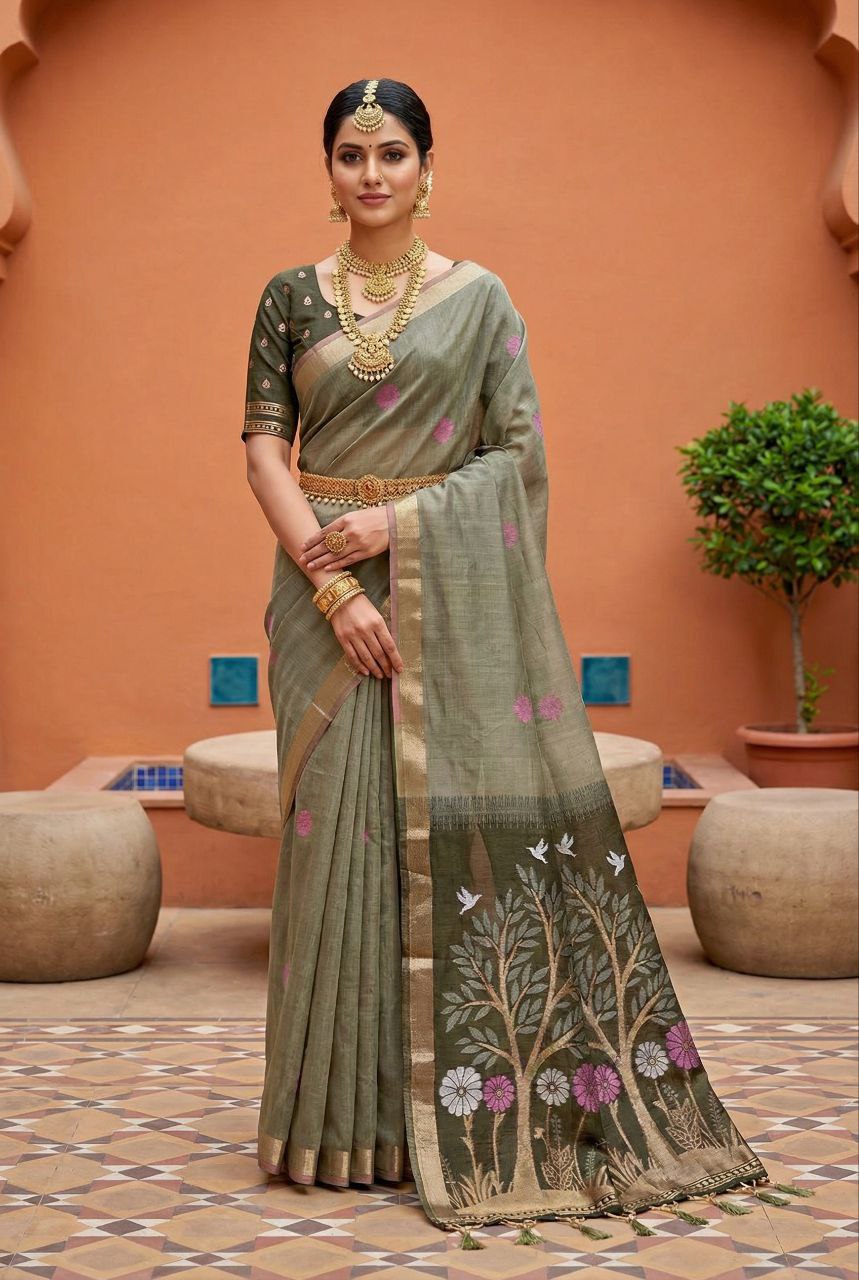 Mameraa Sarees Soft Pure Muga Cotton Saree With Meenakari Weaving Motifs And Contrast Blouse-Multi - Dista