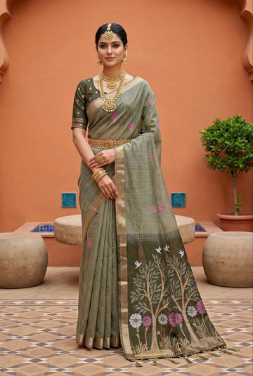 Mameraa Sarees Soft Pure Muga Cotton Saree With Meenakari Weaving Motifs And Contrast Blouse-Multi - Dista