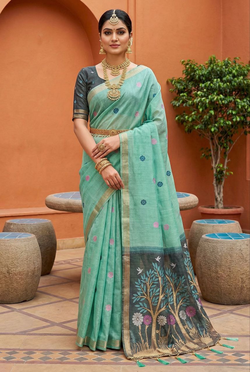 Mameraa Sarees Soft Pure Muga Cotton Saree With Meenakari Weaving Motifs And Contrast Blouse-Sky_Blue - Dista